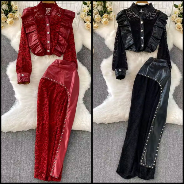Women Sexy Lace PU Rivet Button Up Two Piece Maxi Skirt Set
