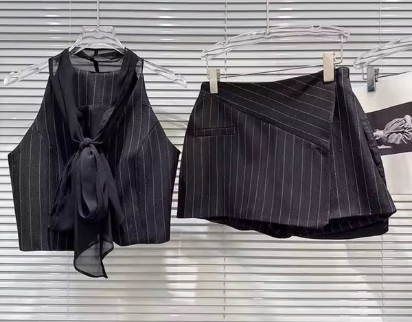 Women Sleeveless Scarf Tie Striped/Rhinestone Two Piece Skirt Set