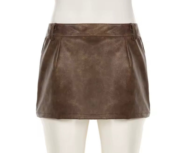 Women Sexy Fashion Faux Leather Brown Skirt