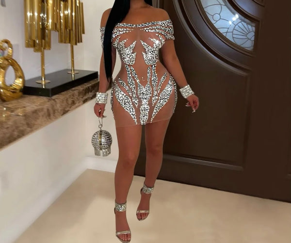 Women Sexy Mesh Bling Off The Shoulder Dress