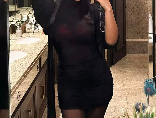 Women Sexy Ruched Mesh Ribbon Dress