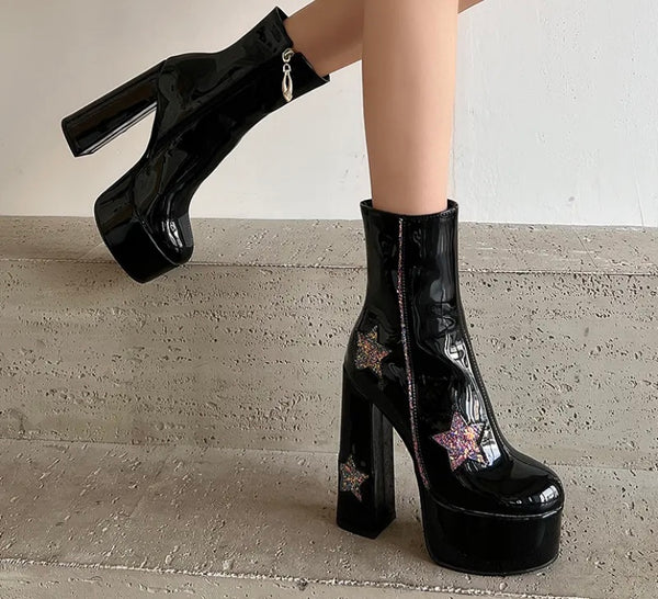 Women Fashion Star Patent Leather Platform High Heel Ankle Boots