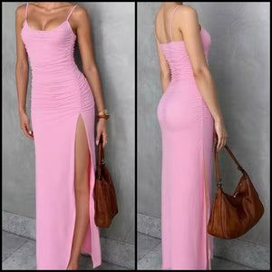 Women Pink Sleeveless Side Split Sexy Maxi Dress