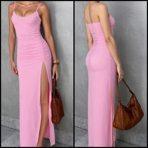 Women Pink Sleeveless Side Split Sexy Maxi Dress