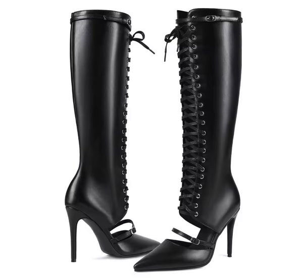 Women Fashion Black Pointed Toe Buckled Lace Up Knee High Boots