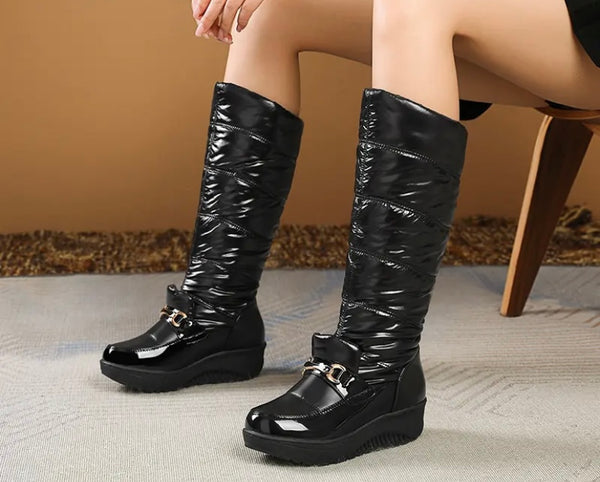 Women Fashion Round Toe Buckled Platform Knee High Boots