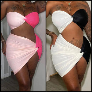 Women Sexy Strapless Color Patchwork Two Piece Asymmetrical Skirt Set