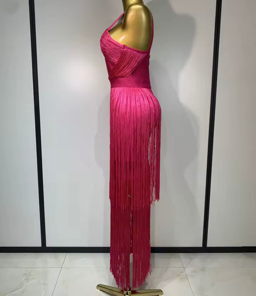 Women Sexy Pink Sleeveless Fringe Tassel Maxi Dress