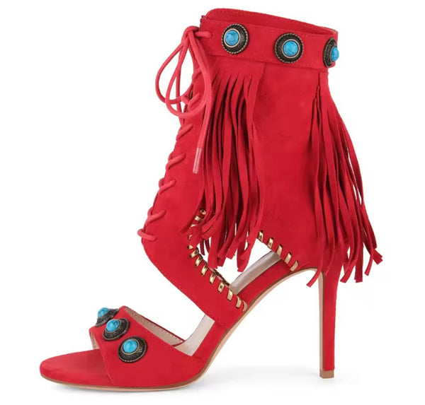 Women Open Toe Rivet Fringe Lace Up High Heel Ankle Boots