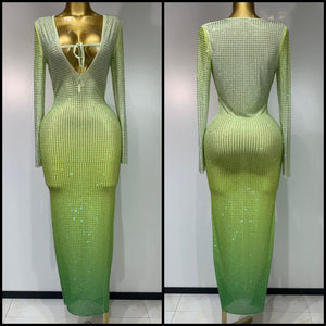 Women Sexy Green Gradient Bling Full Sleeve Maxi Dress