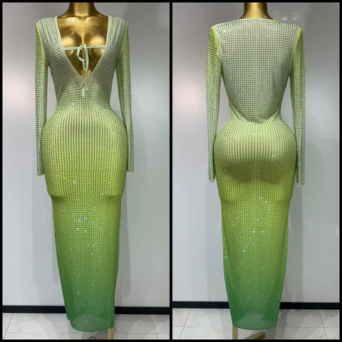 Women Sexy Green Gradient Bling Full Sleeve Maxi Dress