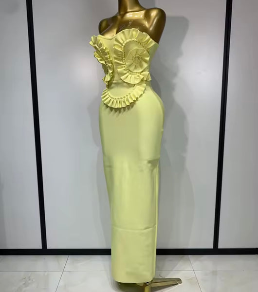 Women Yellow Ruffled Strapless Sexy Maxi Dress