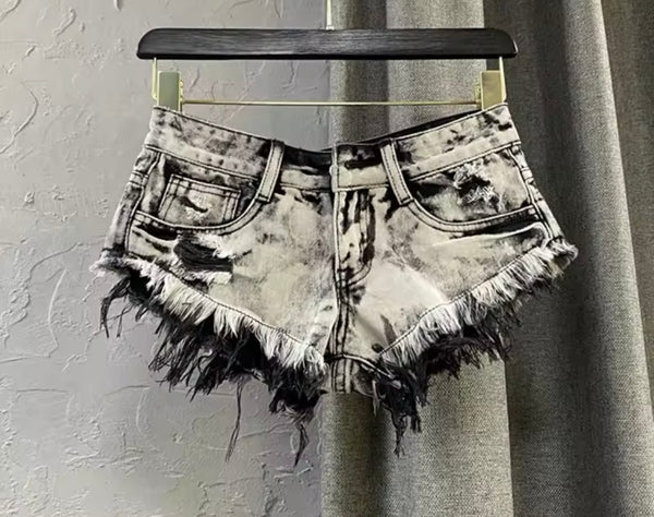 Women Fashion Ripped Fringe Denim Shorts