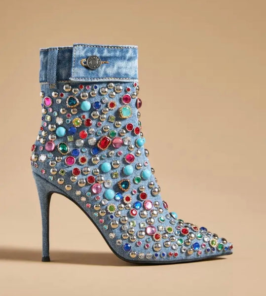 Women Colorful Gem Pointed Toe High Heel Denim Ankle Boots