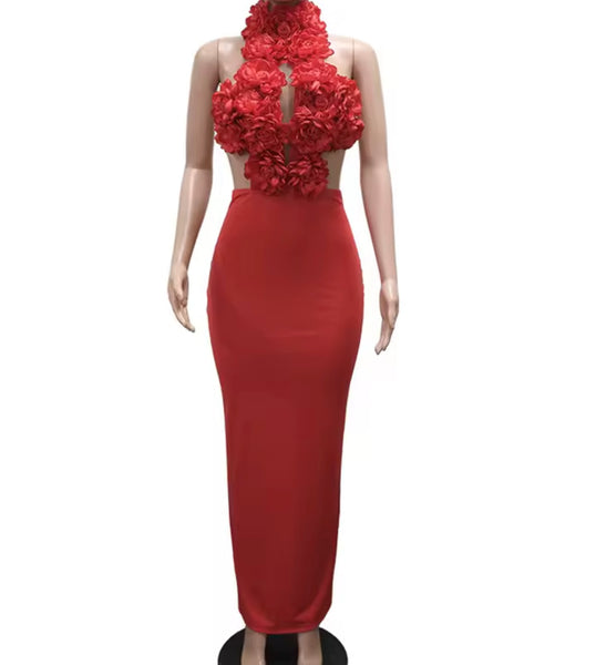 Women 3D Floral Halter Sleeveless Sexy Maxi Dress