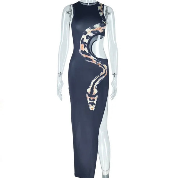 Women Black Snake Cut Out Sexy Sleeveless Maxi Dress