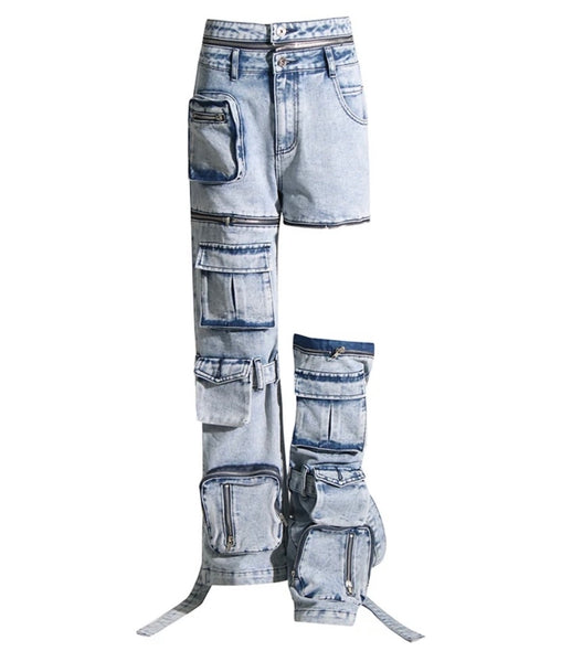 Women Fashion Zipper Detachable Cargo Denim Pants