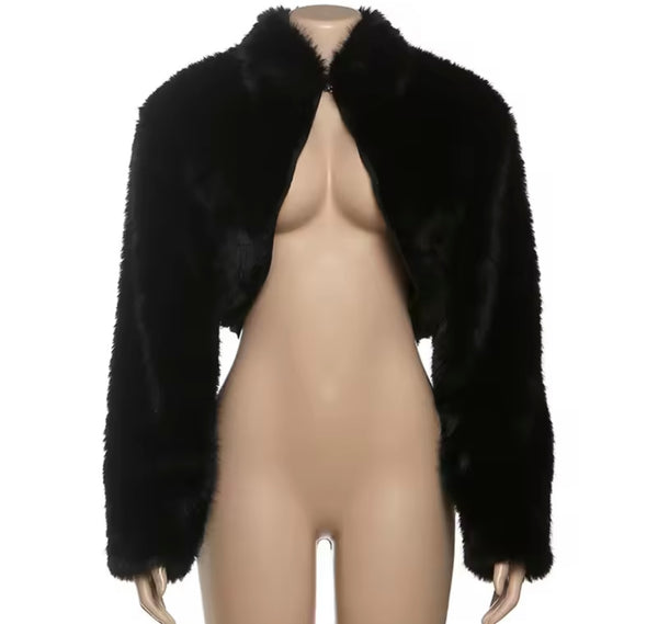 Women Black Fashion Faux Fur Crop Jacket
