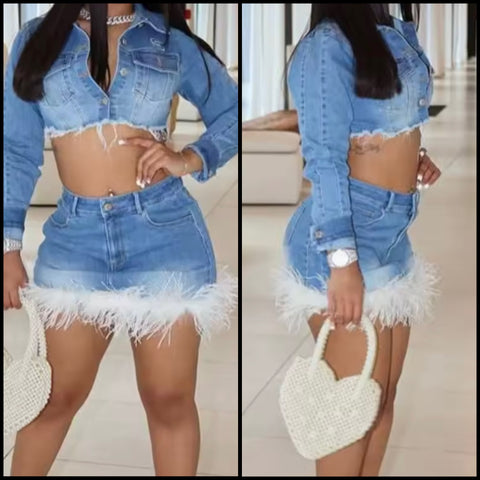 Women Sexy Fashion Fur Denim Crop Jacket Two Piece Skirt Set