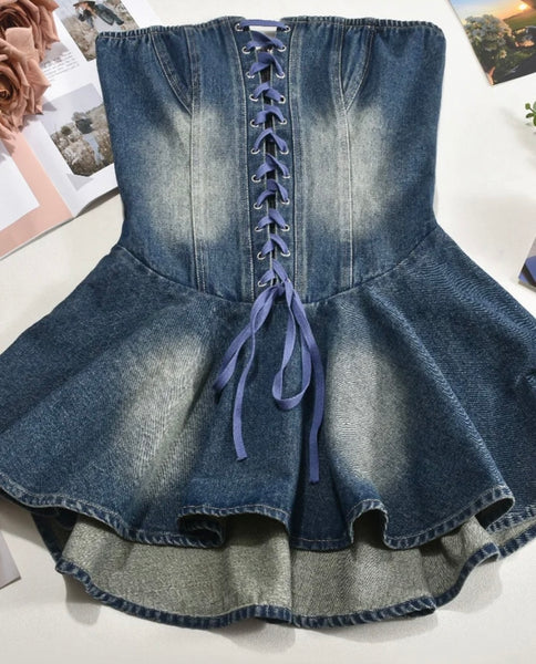 Women Sexy Strapless Lace Up Denim Ruffled Dress
