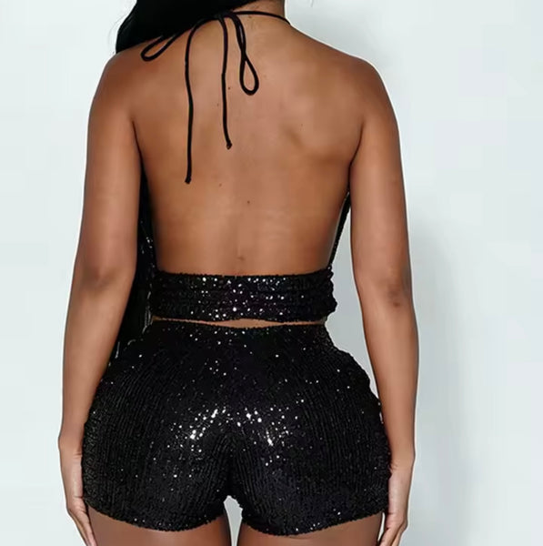 Women Sexy Sequins Halter Open Back Sleeveless Two Piece Short Set