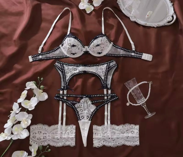 Women Sexy White Polka Dot Lace Lingerie Set