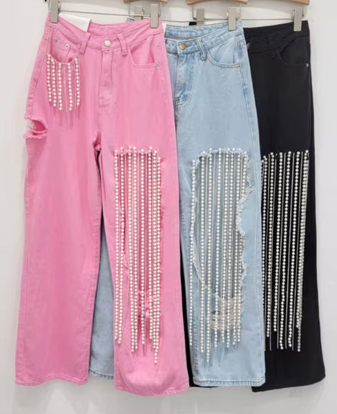 Women Color Cut Out Bling Pearl Tassel Denim Pants