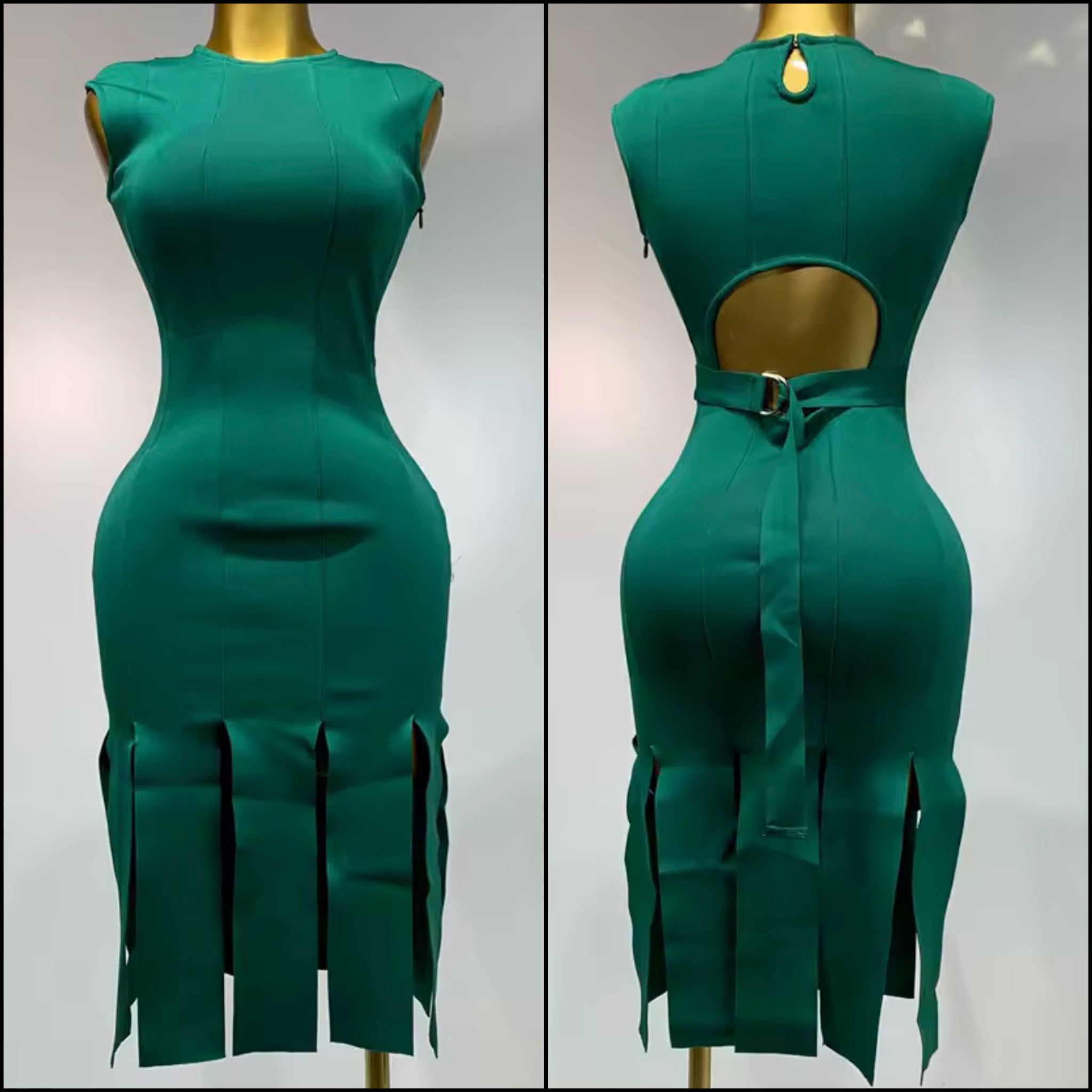 Women Sexy Sleeveless Green Open Back Tassel Bandage Dress