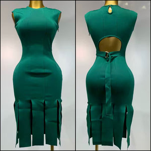 Women Sexy Sleeveless Green Open Back Tassel Bandage Dress