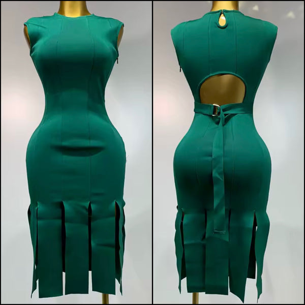 Women Sexy Sleeveless Green Open Back Tassel Bandage Dress