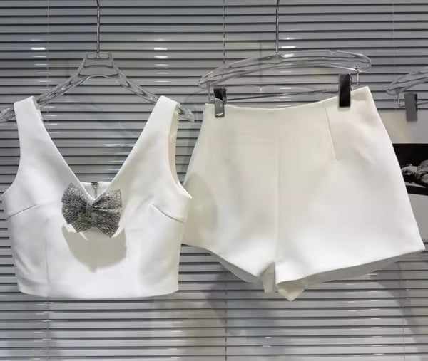 Women Sexy Sleeveless Bling Bow Two Piece Short Set