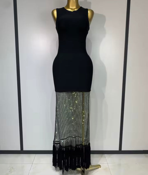 Women Sexy Sleeveless Black Mesh Fringe Maxi Dress