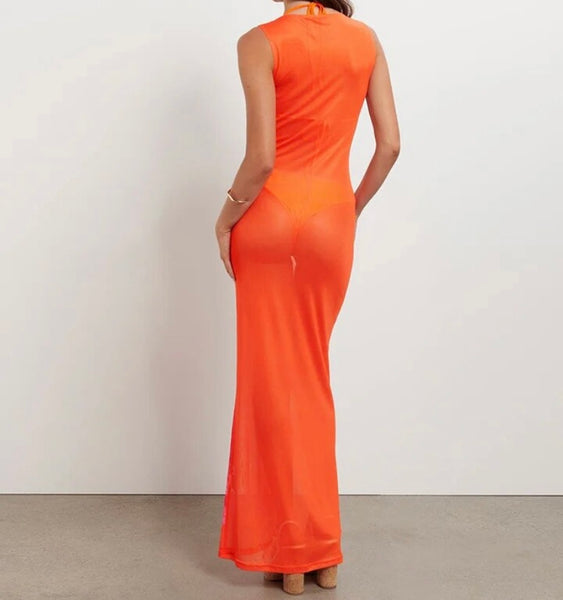 Women Orange Floral Print Sexy Sleeveless Mesh Maxi Dress