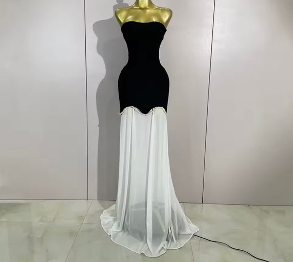 Women Sexy Strapless B&W Pearl Mesh Maxi Dress