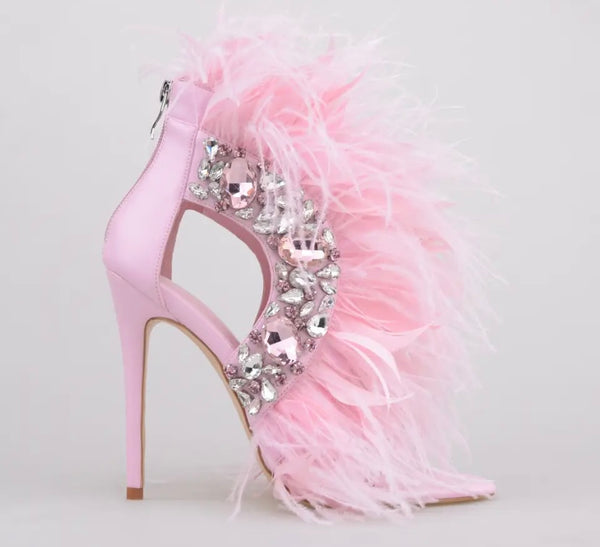 Women Fashion Bling Faux Fur High Heel Sandals