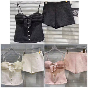 Women Sleeveless Bow Button Up Two Piece Tweed Short Set