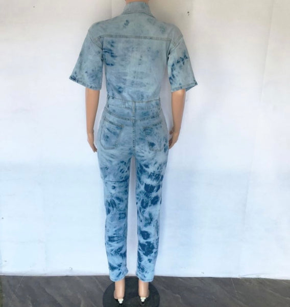 Women Short Sleeve Button Up Fashion Denim Jumpsuit