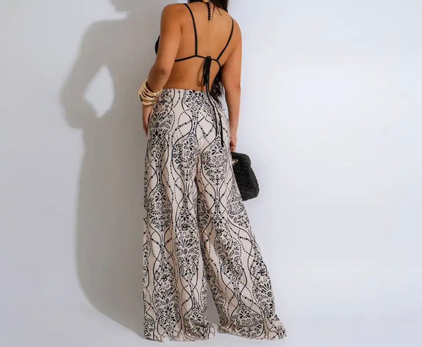 Women Sexy Sleeveless Lace Up Printed Wide Leg Jumpsuit