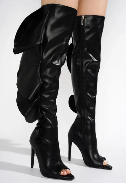 Women Fashion Black Open Toe Ruffled Faux Leather Knee High Boots
