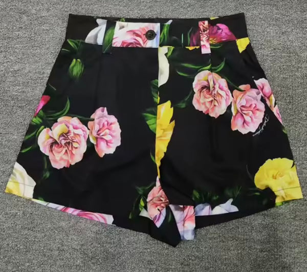 Women Black Floral Print Fashion Two Piece Short Set