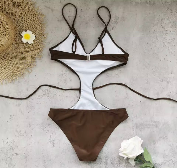Women Brown Bling Sexy Cut Out Swimsuit
