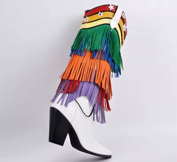 Women White Multicolored Fringe Tassel Knee High Western Boots