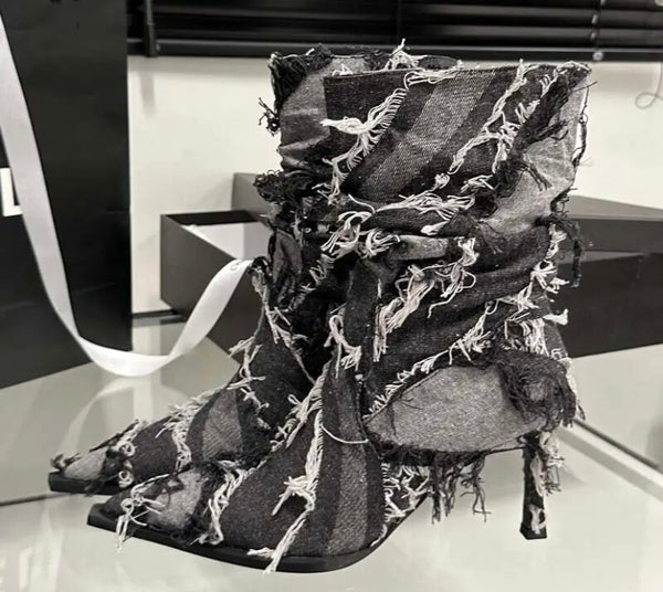 Women Fashion Fringe Color Patchwork Denim Ankle Boots