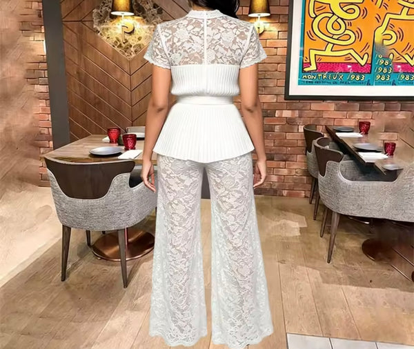 Women Pleated Lace Belted Short Sleeve Two Piece Pant Set