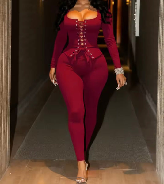 Women Fashion Lace Up Corset Full Sleeve Two Piece Pant Set