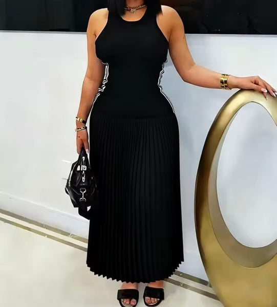 Women Sexy Sleeveless Side Striped Pleated Maxi Dress