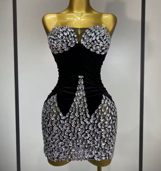 Women Sexy Sleeveless Crystal Black Ruched Velvet Dress
