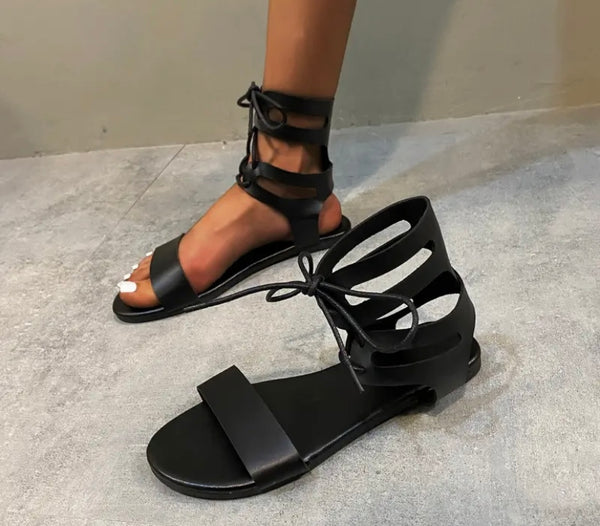 Women Black Lace Up Fashion Flat Sandals