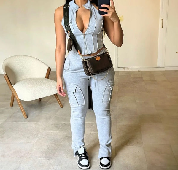 Women Fashion Sleeveless Zip Up Two Piece Cargo Pant Set