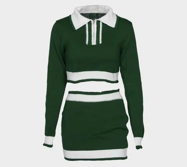 Women Sexy Color Patchwork Collar Full Sleeve Two Piece Skirt Set